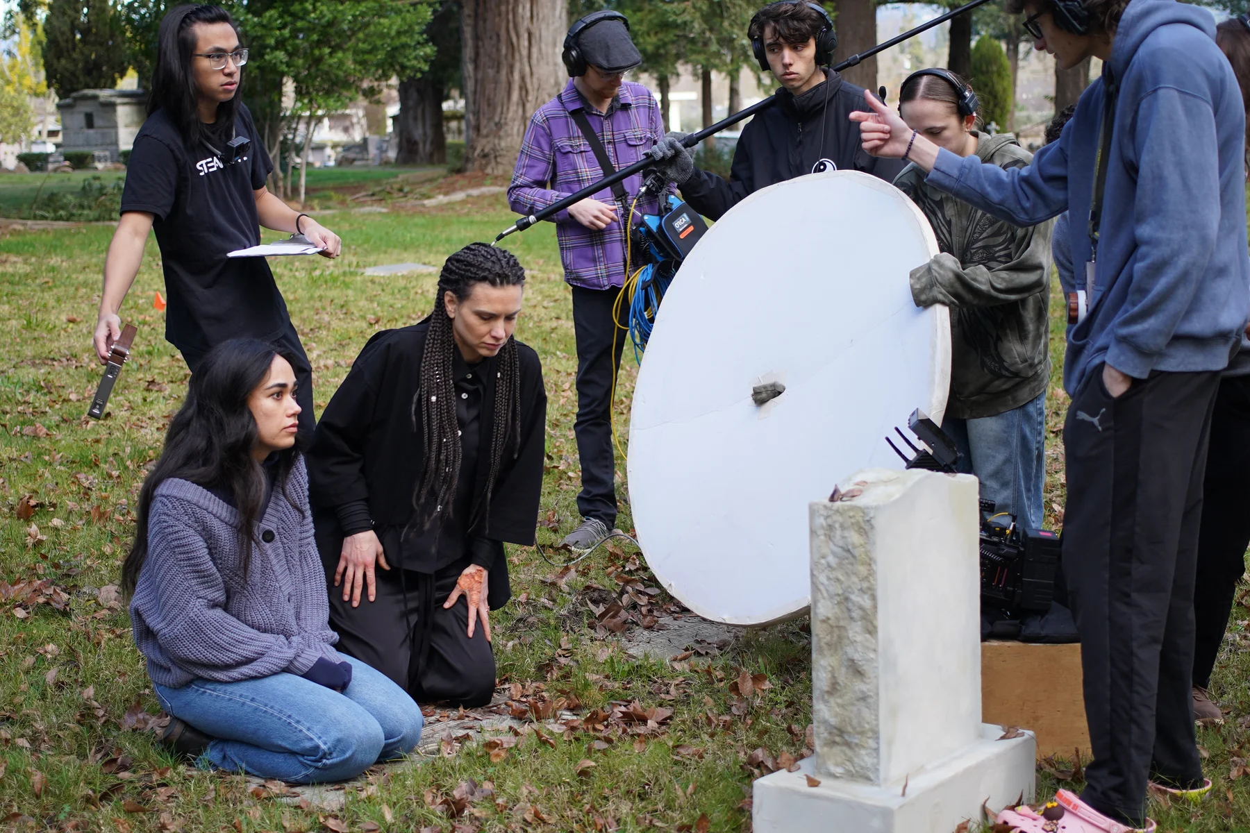 Albedo behind the scenes — setting up the shot at the headstone