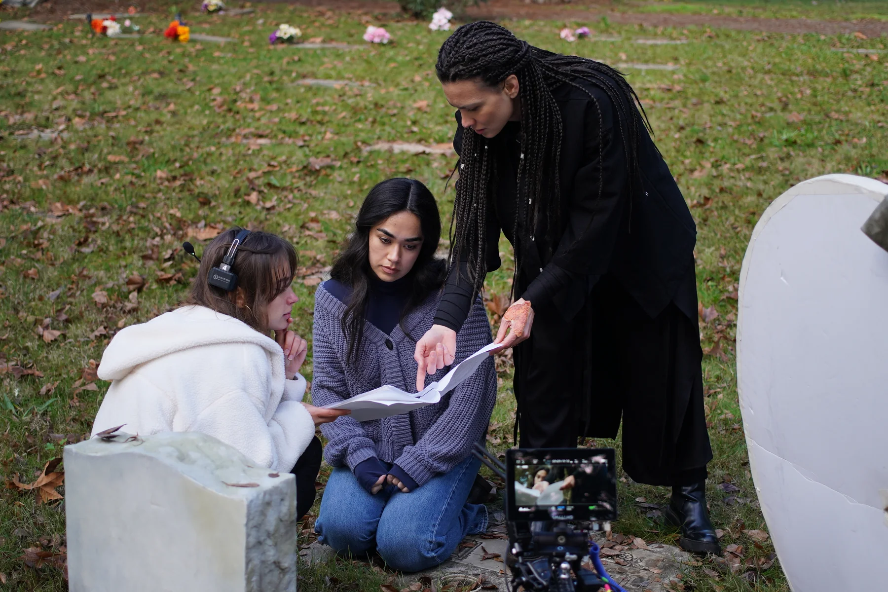 Albedo behind the scenes — blocking a scene with the cast
