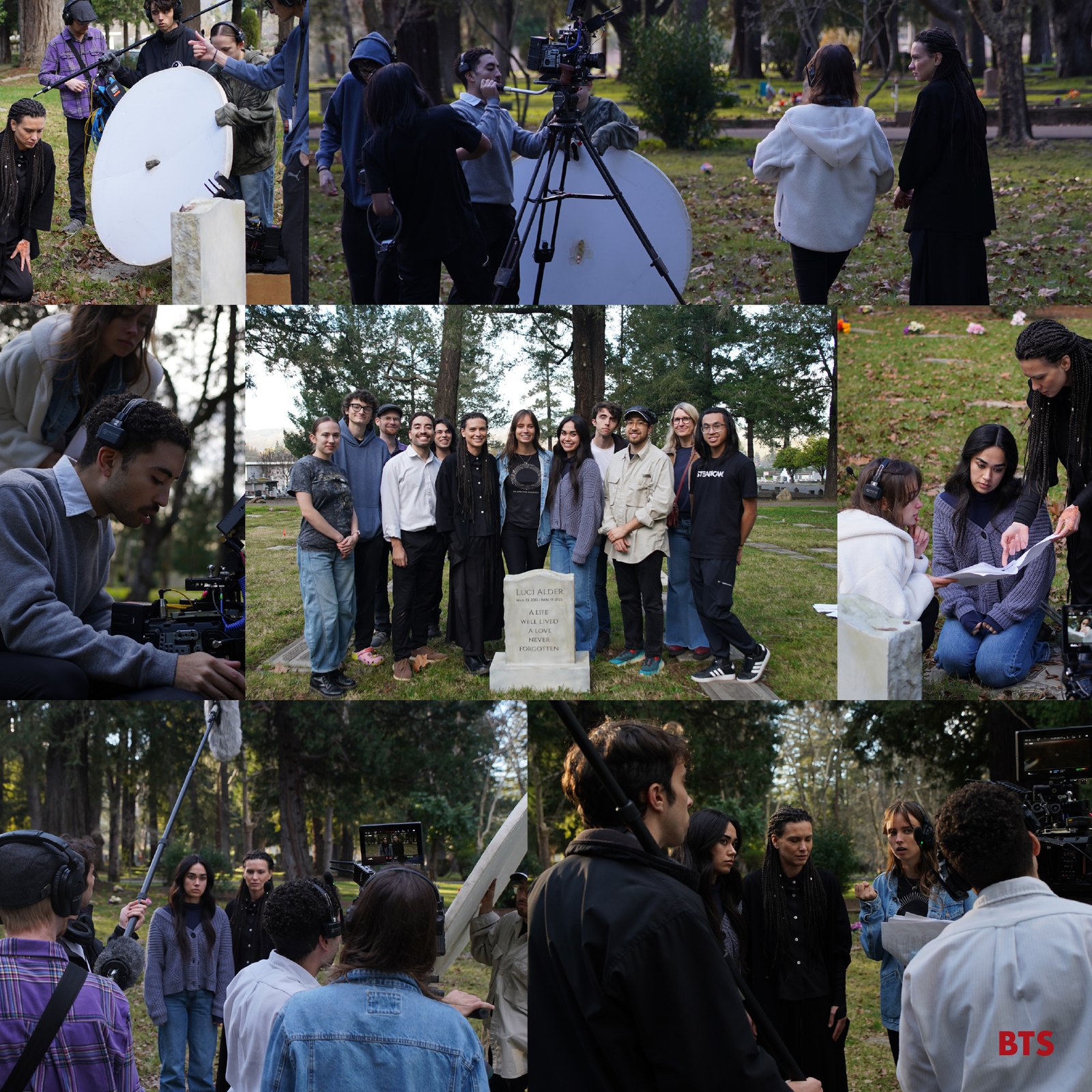 Albedo behind the scenes — crew with reflectors, cast and crew group photo, on-set direction