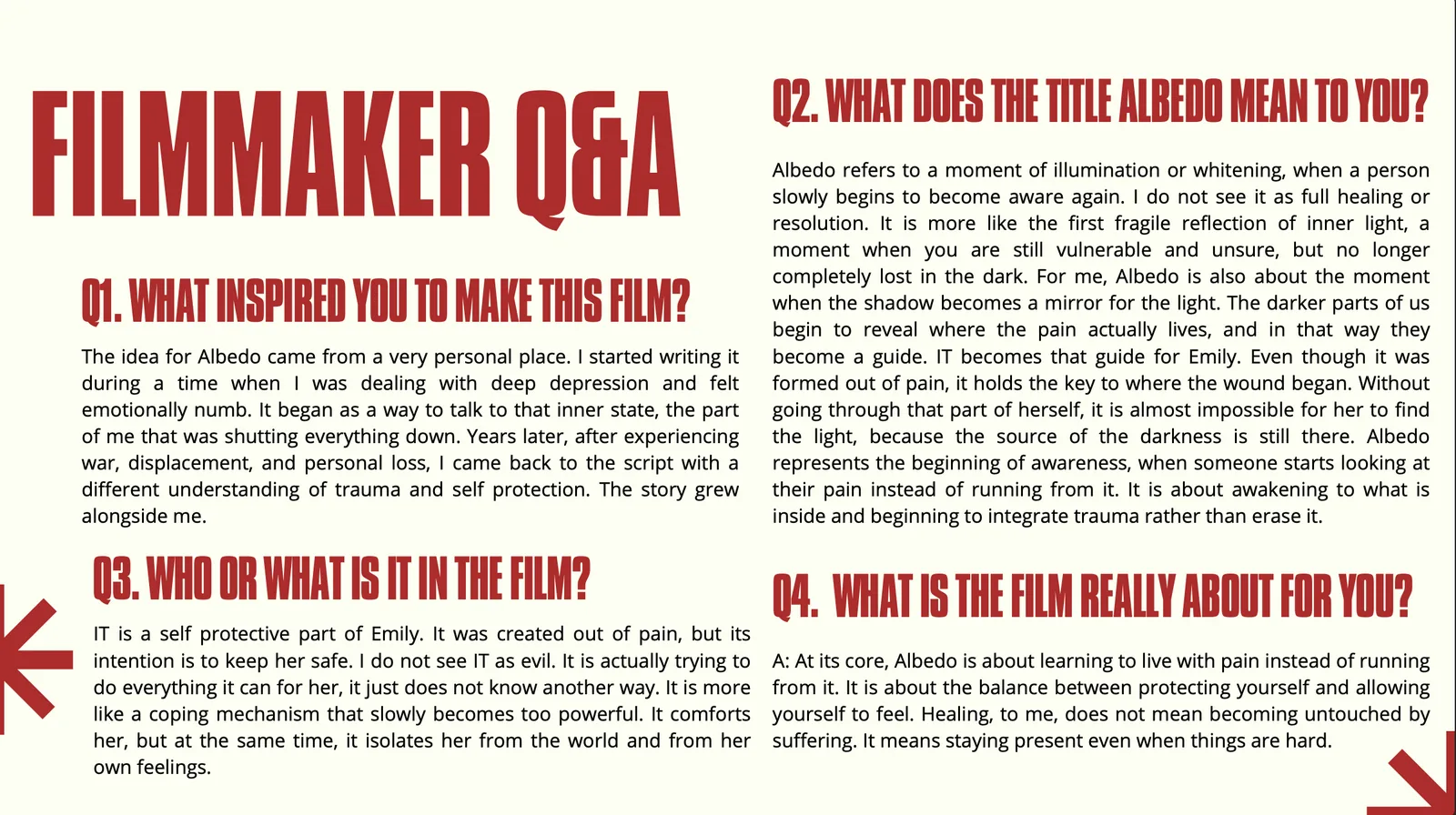 Albedo press kit — filmmaker Q&A