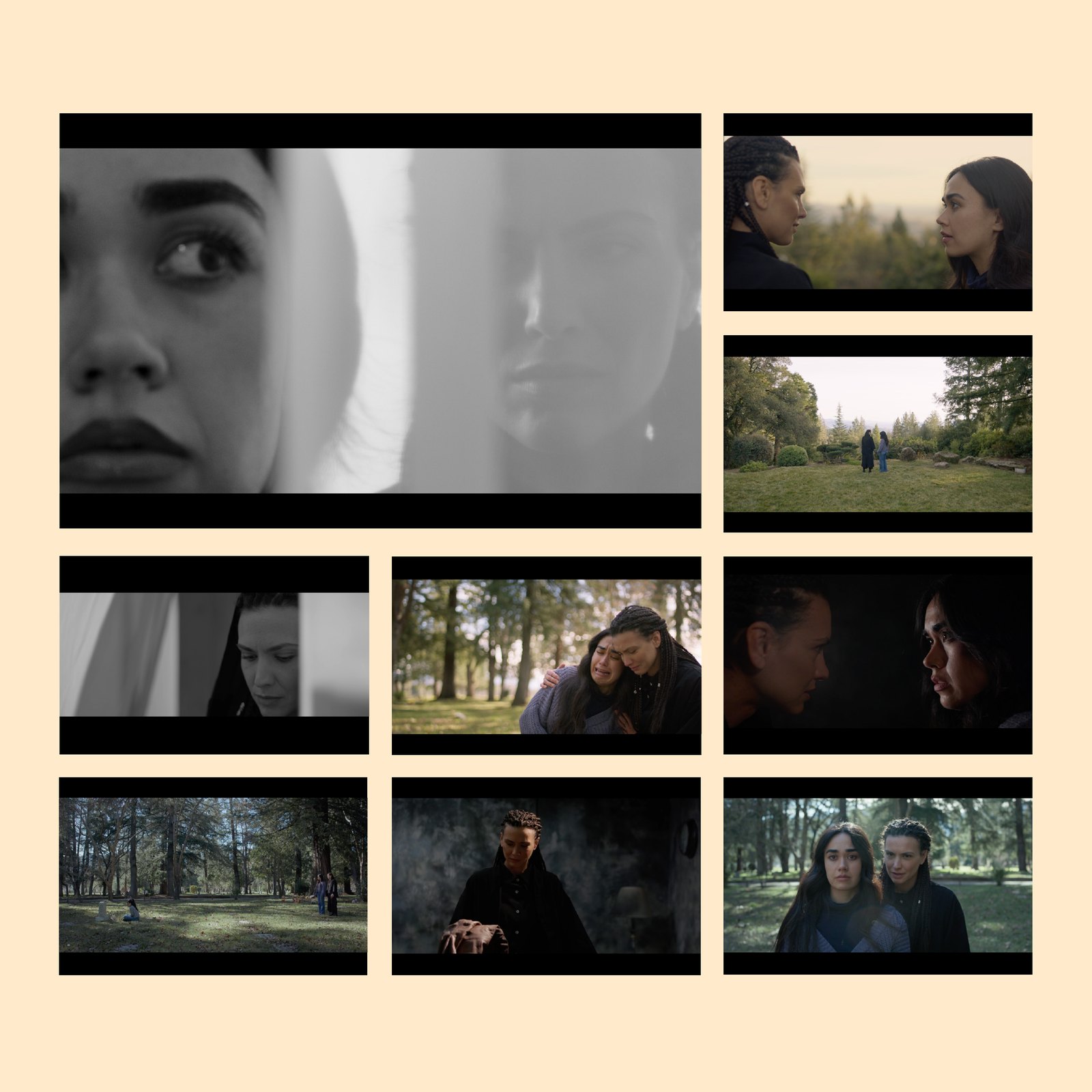 Albedo film stills — character moments, cemetery, family, intimate close-ups