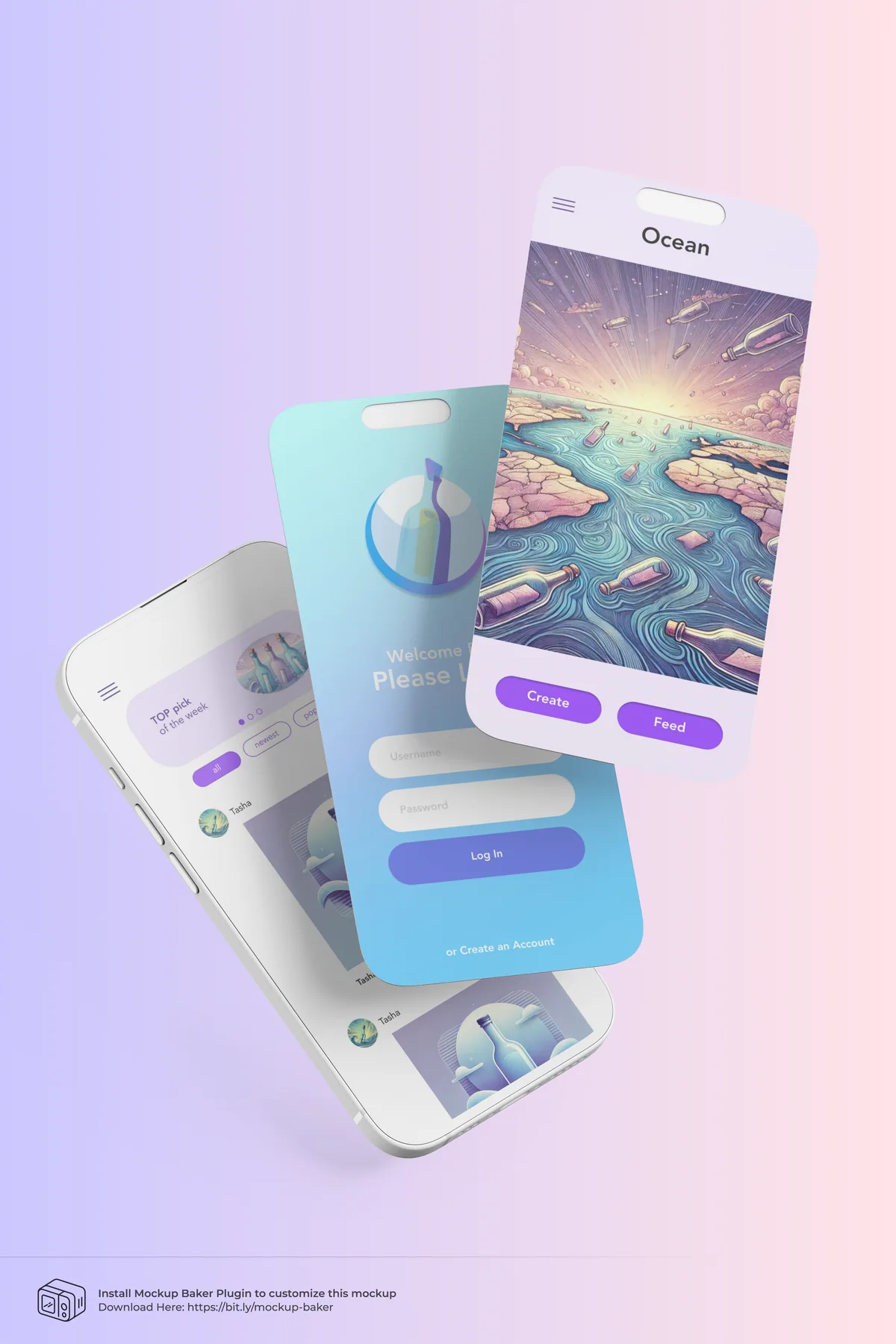 Bottle app screens floating on a soft gradient