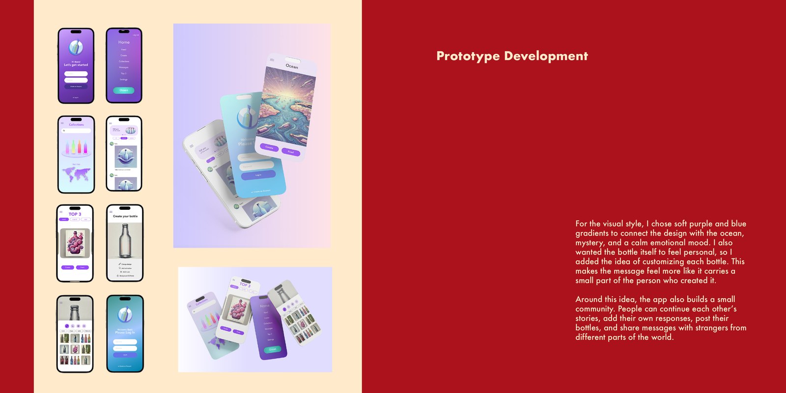 Bottle app prototype screens — onboarding, collections, top 3 and create-your-bottle flows