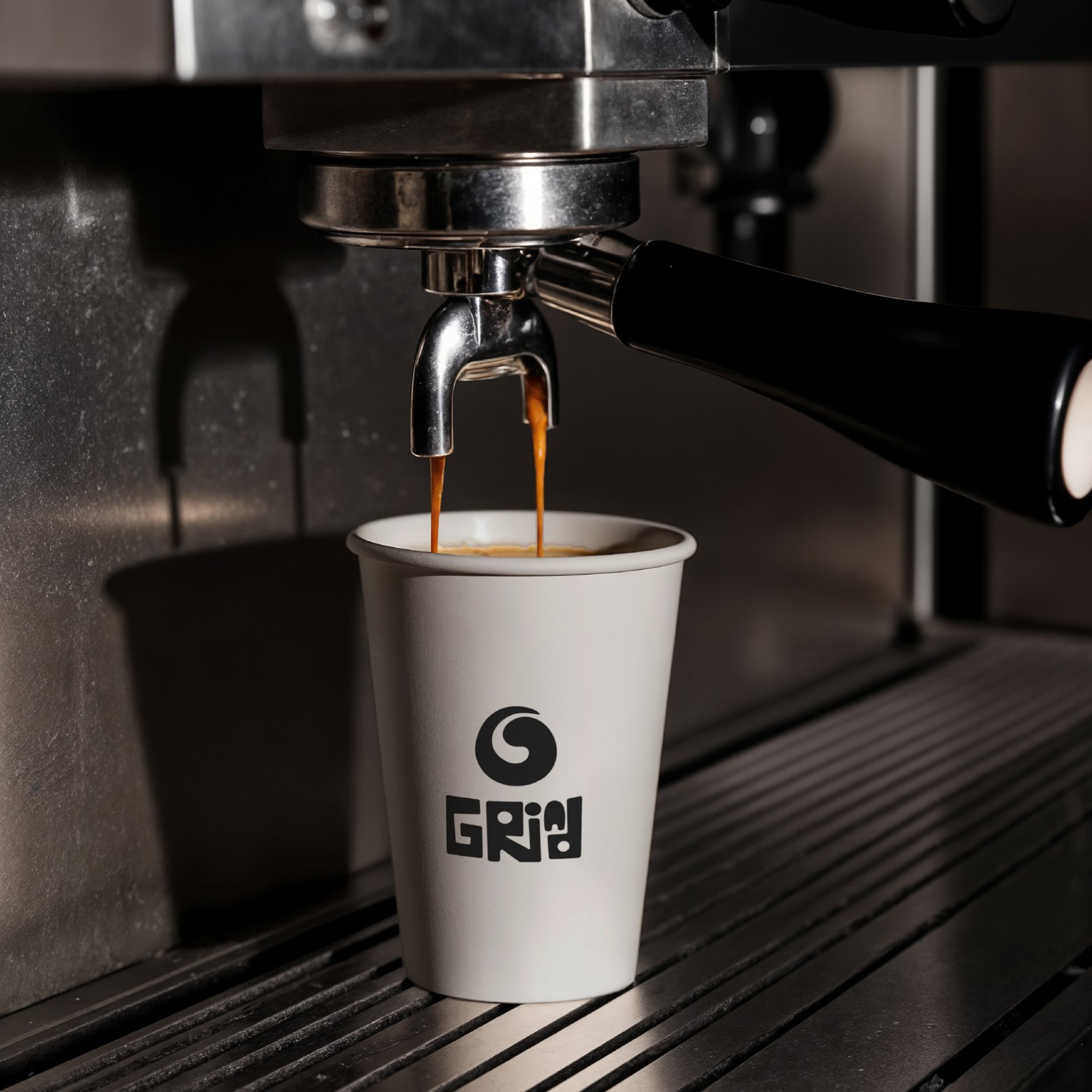 Grind café — espresso pouring into a branded cup