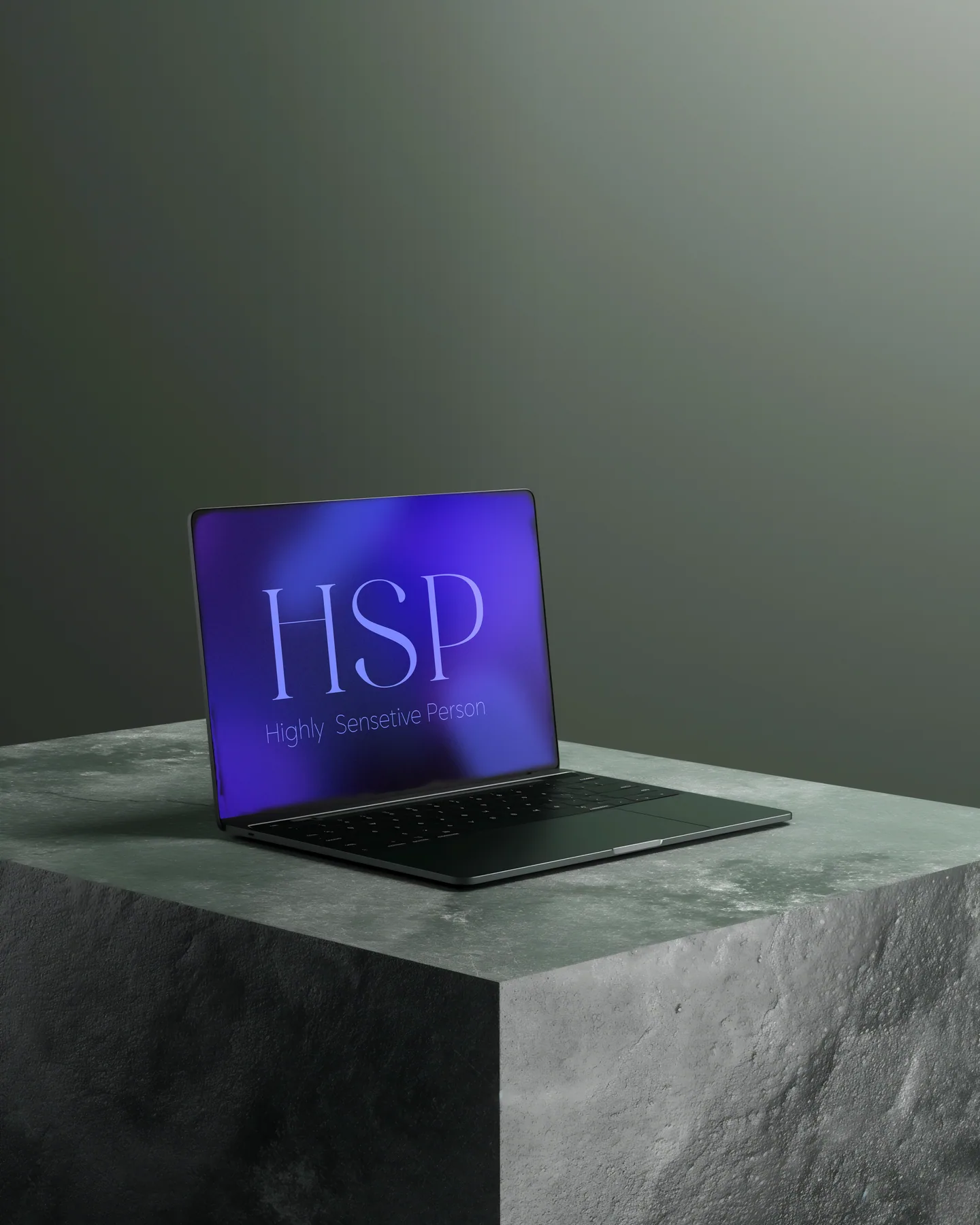 HSP wordmark on a laptop resting on a stone pedestal
