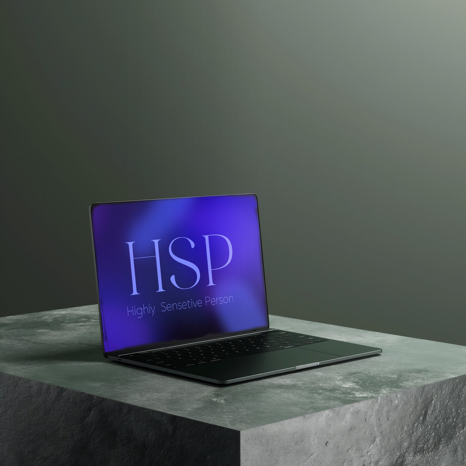 HSP project — laptop on stone pedestal showing HSP wordmark in dark teal