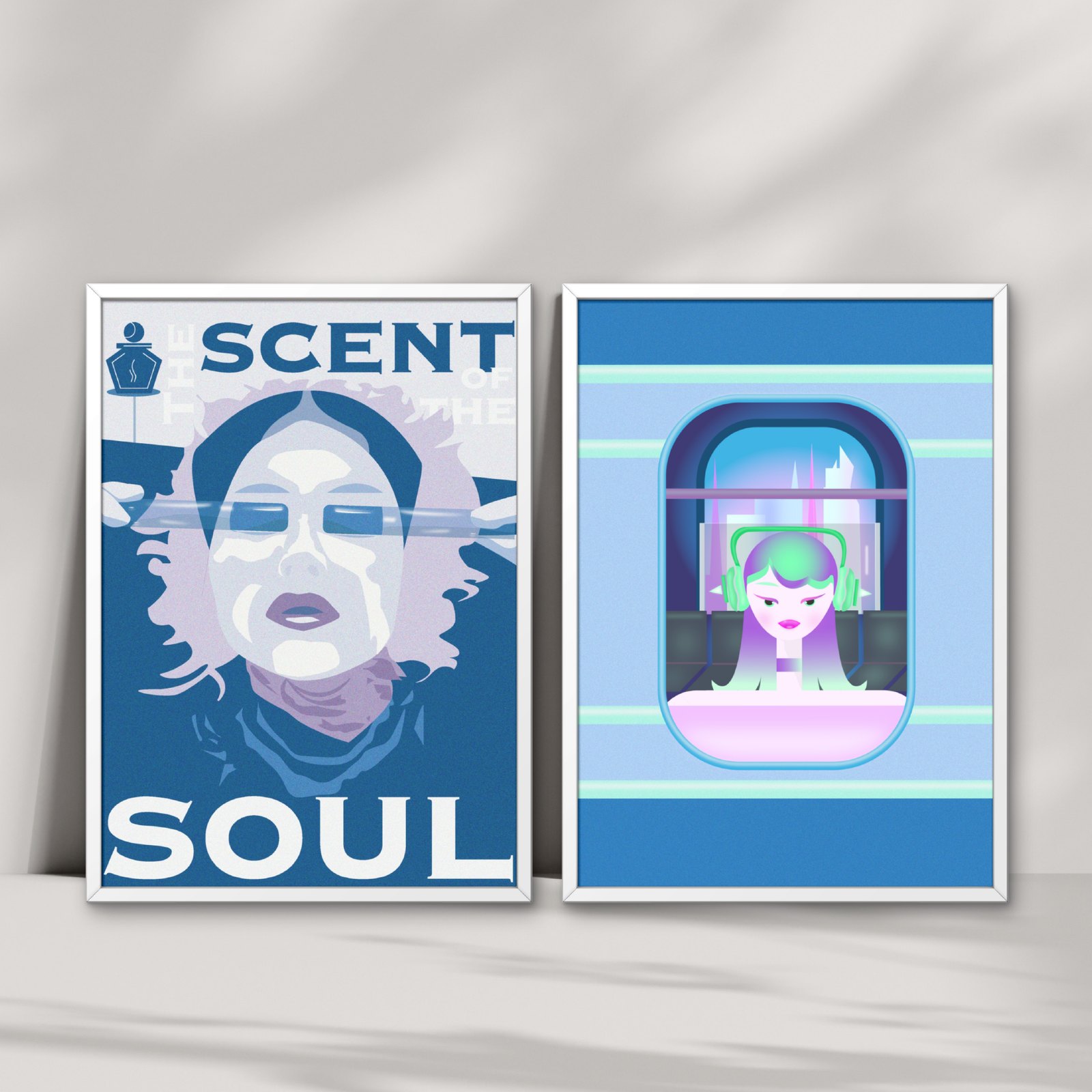 Two framed illustrations — The Scent of the Soul (blue tones) and Train Girl (cool blue with figure in train window)