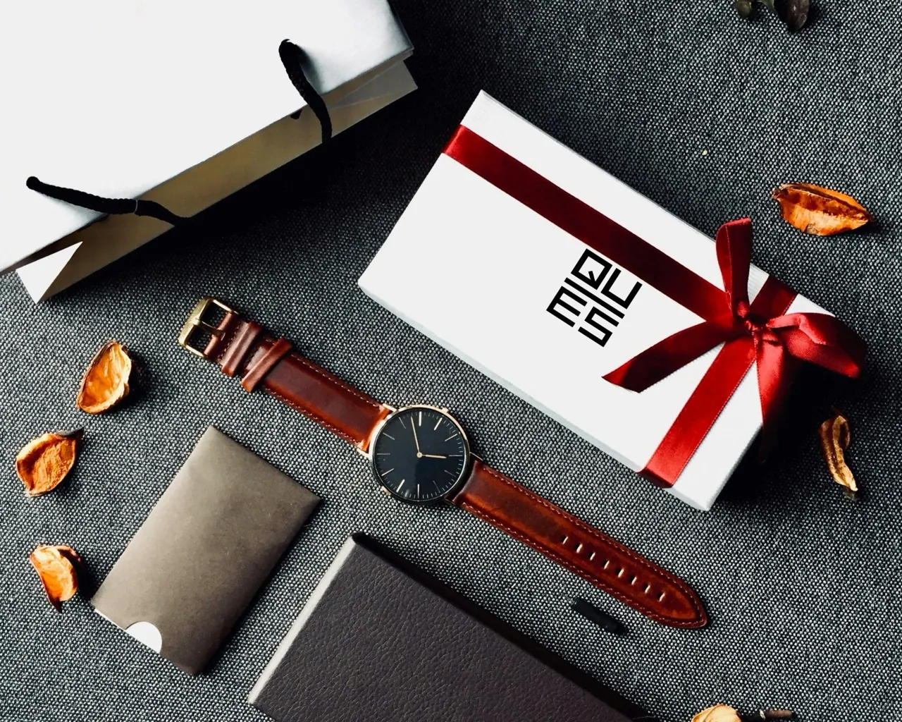 Quest identity on a watch and gift packaging