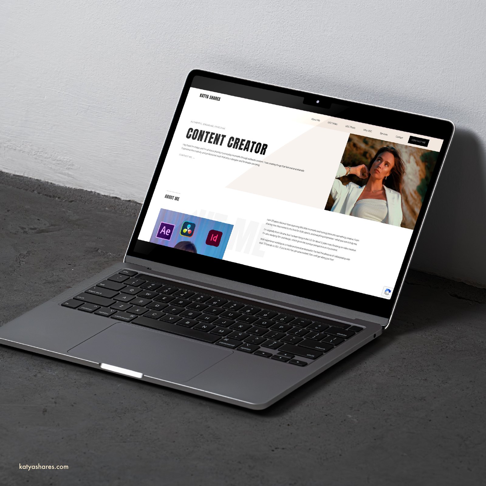 UGC portfolio site shown on a laptop — Content Creator wordmark and bio