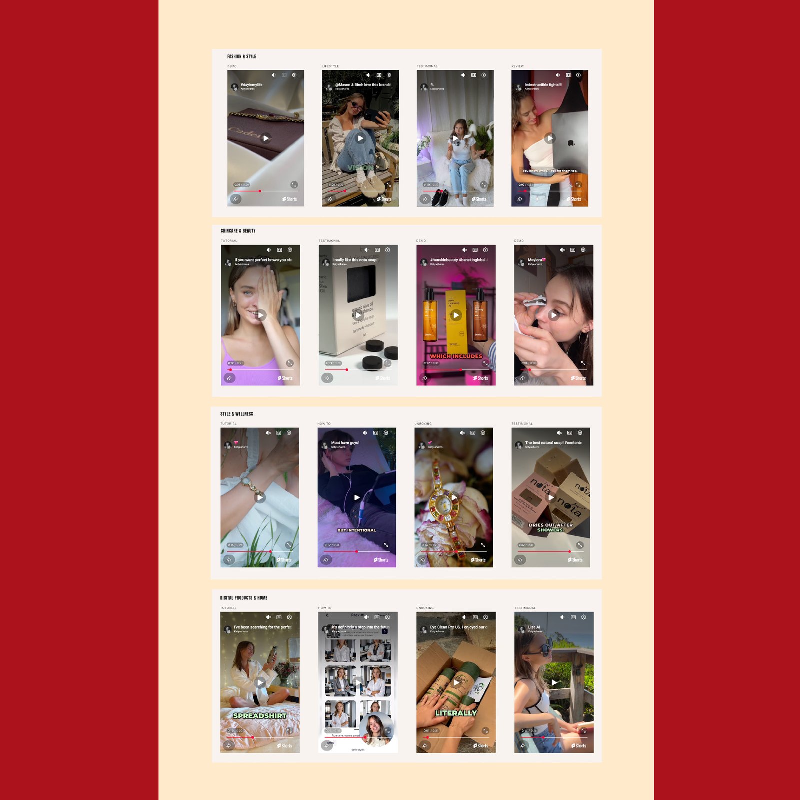 UGC reels — fashion, skincare, beauty, style, wellness, digital products grids